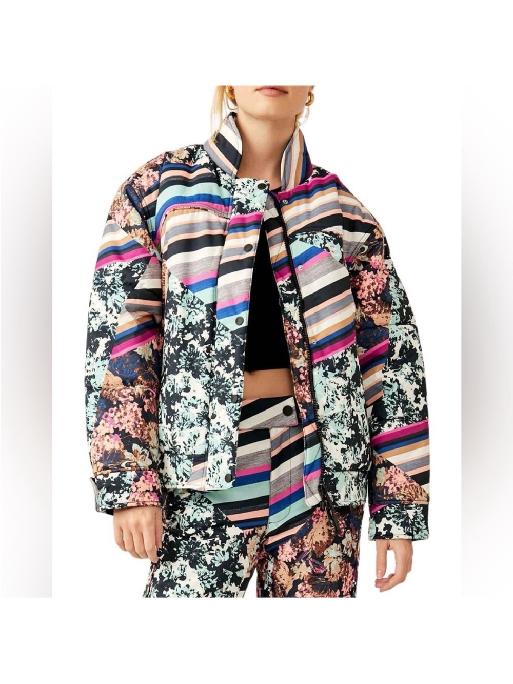 NWT Free People Bunny Slopes Puffer Coat Jacket Winter Ski Black Diamond Combo